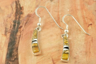 Genuine Picture Jasper, Magnesite and Black Jade inlaid in Sterling Silver. Beautiful French Wire Earrings Designed by Navajo Artist Calvin Begay. Signed by the artist.